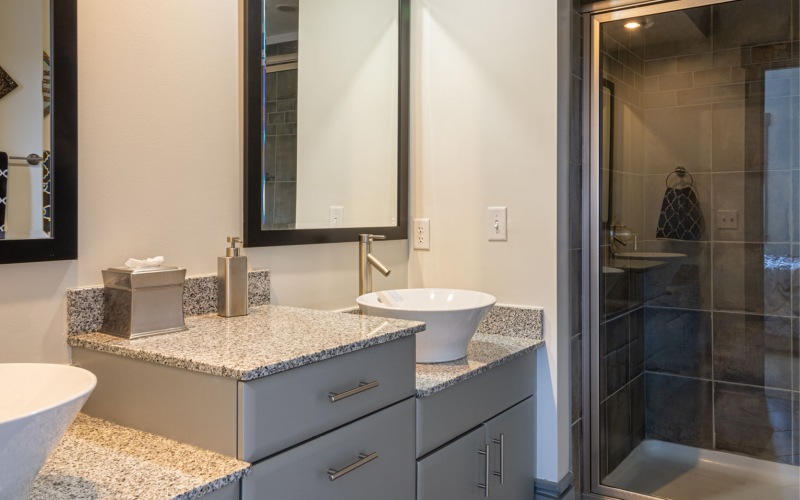 Double vanity Bathroom with modern conveniences