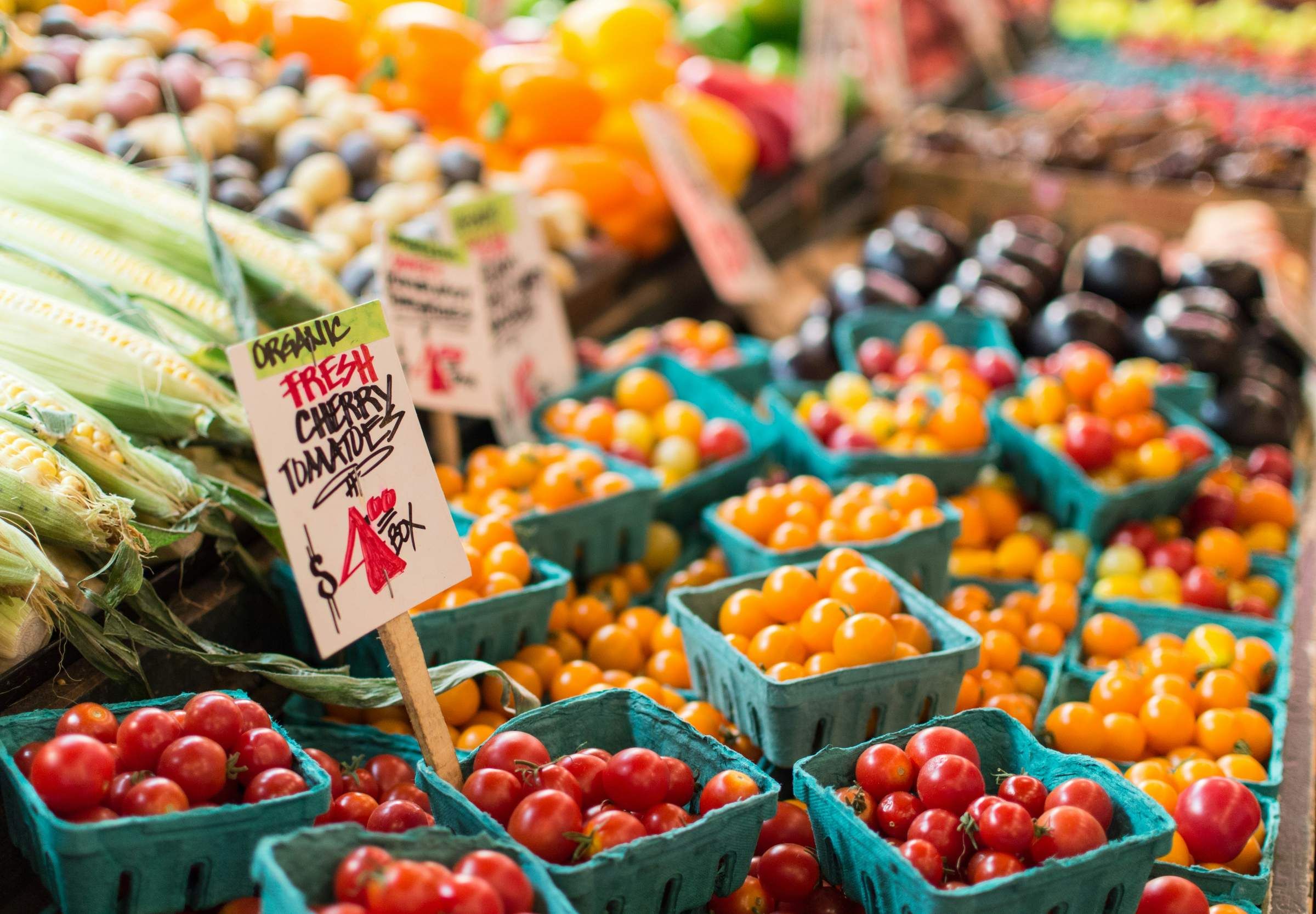 Baskets of cherry tomatoes at a farmers market stand near chapel hill north apartments