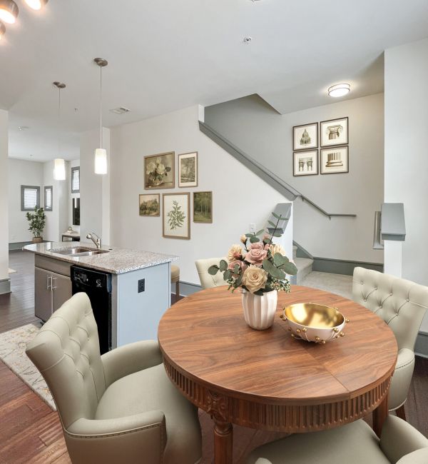 Chapel Hill North Apartments beautiful luxury townhome kitchen with island, stainless steel appliances, wine storage, and more